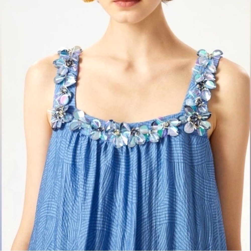 Exquise Anthropologie Blue Beaded Square Neck Tiered Maxi Dress Small - Picture 3 of 8